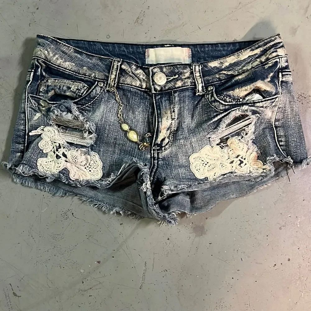 Size 7 Custom Upcycled 7 for all Mankind Silver +Light Denim Shorts